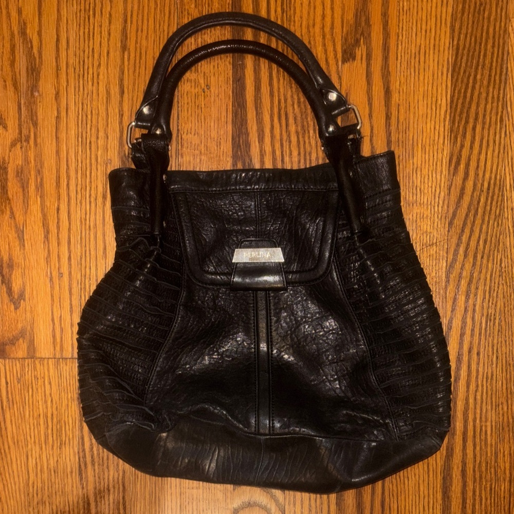 Perlina Black Croc-Textured Shoulder Bag